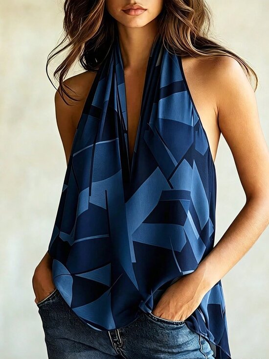 Tops - Royal Blue Casual Women's Geometric Pattern Backless Bohemian Blouse